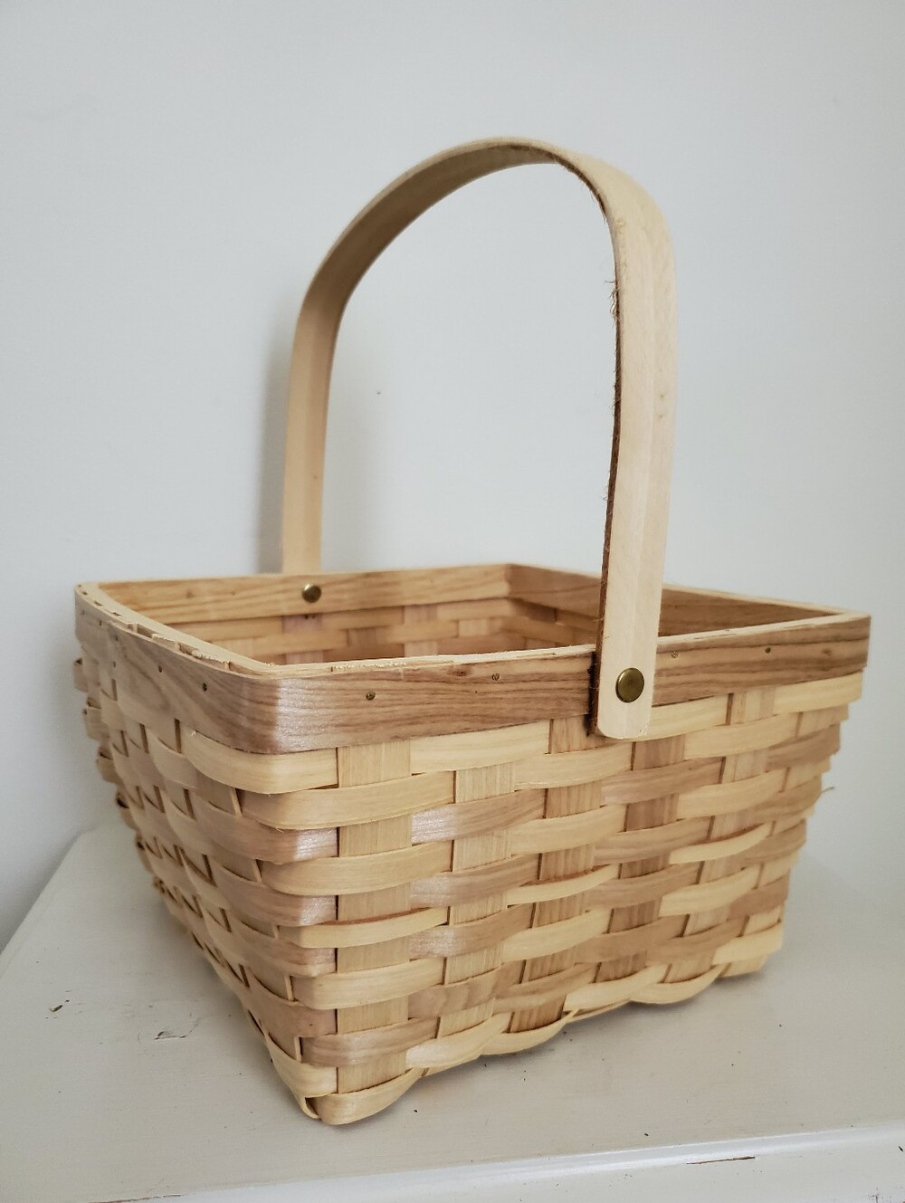 Woven Wood Square Basket with Handle 9"